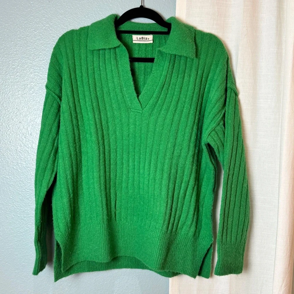 LaBiz Ribbed Polo V-Neck Sweater Womens Small Green Excellent Knit Long Sleeve - Picture 3 of 10